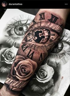 a tattoo with an eye and roses on the arm is shown in black and white