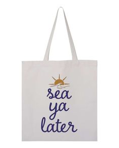 "Beach Tote Bag, Sea Ya Later, Beach Bag, Vacation Tote, Gift For Her, Sublimated Design, Sailor Tote, Boating Tote Bag, Ocean Bag, Trendy * 13\" x 10.25\" or 14.5\" x 15.4\" * White Polyester Fabric *Clean Sublimated Design *Ships between 1-2 Business Days We take customer service very seriously. If there is ever an error on our part...we will make it right, no questions asked!" Vacation Rectangular Shoulder Bag With Letter Print, Rectangular Shoulder Bag With Letter Print For Vacation, Rectangular Letter Print Shoulder Bag For Vacation, Vacation Tote Shoulder Bag With Letter Print, Rectangular Letter Print Bags For Vacation, White Bags For Beach Season, White Rectangular Canvas Bag For Vacation, White Beach Season Gift Bags, White Rectangular Canvas Vacation Bag