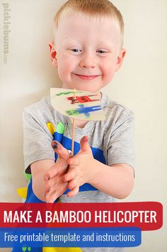 a young boy holding a toothbrush with the words make a bamboo helicopter on it