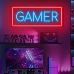 a neon sign that reads gamer above a tv in a room with purple and blue lighting