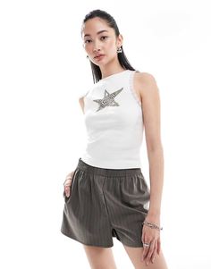 Tops by Collusion *Saves to inspo folder* Round neck Star print to front Lace trim Racer back Slim fit Trendy White Tank Top With Lace Trim, Lace Trim Tank Top, Converse Chuck Taylor White, Placement Print, Petite Shirts, Plus Size Designers, Dress Rental, Lace Trims, Maxi Dress Trend