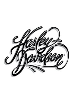 the words harley davidson written in cursive writing on a white background with black ink