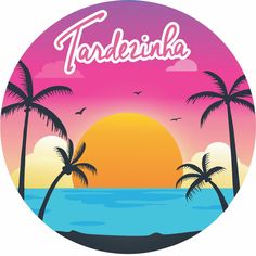 a sunset with palm trees and the word taddinka in white lettering on a pink background