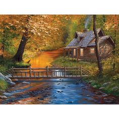 a painting of a cabin in the woods with a stream and bridge leading to it