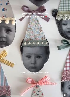 the baby's first birthday party hat is made out of paper and has many different hats on it