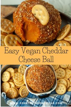 easy vegan cheddar cheese ball with crackers