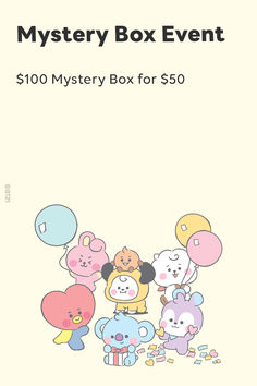 the mystery box for $ 50 is shown with balloons and teddy bears in front of it