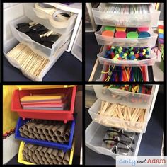 four pictures showing different storage bins with craft supplies in them and on the bottom