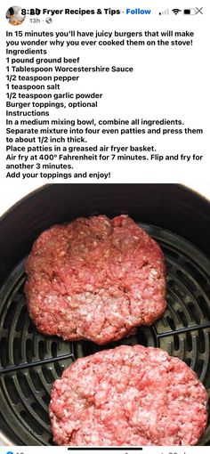 two hamburger patties cooking on top of an outdoor grill with the caption'if you try recipes & tips follow '