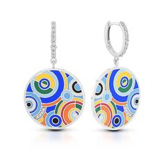 Inspired by its namesake, the Emanation Collection features colorful orbs of hand-painted Italian enamel radiating in an awe-inspiring pattern. Shimmering circles of pavé-set sterling silver create sources of light. Be radiant with the Emanation Collection. Description: Hand-painted multi-colored Italian enamel with white stones set into rhodium-plated, nickel allergy-free, 925 sterling silver. VE-17020-01 VE-17020-02 Dimensions: 24.5mm width by 43mm height Multicolor Jewelry With Matching Round Earrings, Artistic Multicolor Jewelry With Abstract Design, Artistic Multicolor Abstract Jewelry, Blue Jewelry For Art Collection, Artistic Multicolor Abstract Design Jewelry, Multicolor Polished Round Jewelry, Multicolor Round Jewelry With Polished Finish, Round Multi-stone Enamel Jewelry, Fusion Style Jewelry With Artistic Design