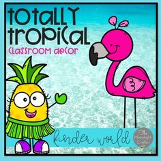 an image of a cartoon character with a pineapple and flamingo in the background