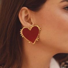 Celebrate Valentines Or Any Day With These Adorable Red Enamel Earrings Trimmed With Gold. Love Mimi Red Earrings Stud, Red Heart Earrings, Womens Earrings Studs, Luxury Earrings, Heart Shaped Earrings, Trendy Earrings, Big Earrings, Heart Studs, Heart Earrings Studs