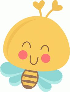 a cartoon bee with a heart on its chest and eyes closed, smiling at the viewer