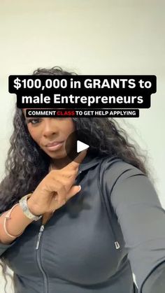 a woman with long black hair is holding a cell phone and has the words $ 100, 000 in grants to male entrepreneurs