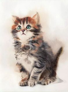 a painting of a kitten with green eyes