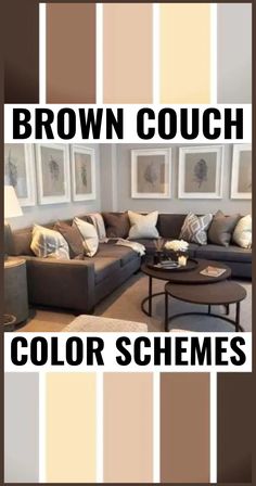 a living room with brown couches and pictures on the wall above them that say color schemes