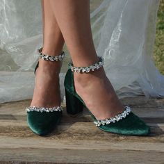 Crystal Embellished Wedding Shoes With Round Toe, Elegant Wedding Shoes With Block Heel For Reception, Closed Toe Heels With Rhinestones For Receptions, Crystal-embellished Wedding Shoes With Ankle Strap, Elegant Block Heel Heels For Reception, Embellished Low Heel Wedding Shoes, Embellished Ankle Strap Wedding Shoes For Reception, Embellished Wedding Shoes With Ankle Strap For Reception, Viridian Green Wedding