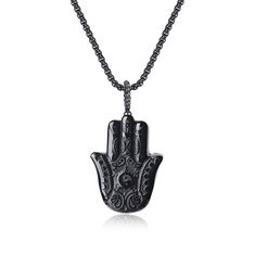 PRICES MAY VARY. This women's men's necklace is made with high quality materials from black obsidian pendant to stainless steel box chain, 1.46*1"(37*27mm) Black Obsidian Hamsa Hand Pendant Chain of this black stone necklace: 24"(60cm) stainless steel box chain Designed to be more than just a cute accessory, this hamsa necklace for men women is a thoughtful and meaningful gift for yourself or anyone on your gift listings Black Obsidian necklace is said to impel us to grow while still lending sup Symbolic Black Stainless Steel Necklace, Black Stone Necklace, Black Obsidian Necklace, Black Obsidian Stone, Obsidian Necklace, Hand Pendant, Hamsa Necklace, Obsidian Stone, Hand Necklace