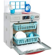 a toy dishwasher with dishes in it's trays and the door open