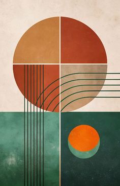 an abstract painting with different colors and shapes on it's sides, including circles