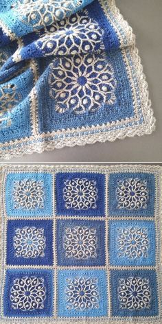 two crocheted afghans, one blue and the other white