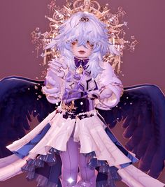 an anime character with blue hair and angel wings