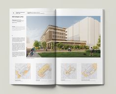 an open book with images of buildings and people walking around it on the page is shown