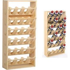 a wooden wine rack with several bottles in it and an empty bottle holder next to it