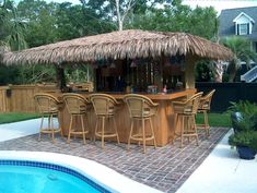 an outdoor bar next to a swimming pool