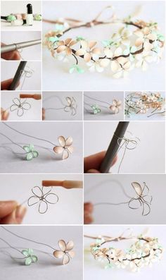 the steps to make a flower headband with beads and pearls on it, including flowers