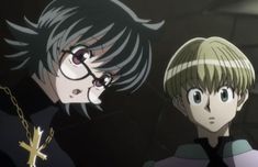 two anime characters one with glasses and the other with short hair looking at each other