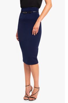 The classic pencil skirt made of our finely woven, stretch gabardine. Style features detailed yoke with a 3/8" genuine leather belt that sits at your natural waist. Skirt has center back invisible zipper, with hook and eye closure. Falls 29" from natural waist. Self: 62% Polyamide, 32% Viscose, 6% Elastane. Lining: 95% Polyester, 5% Elastane. Dry Clean Only. Made in USA of Imported Materials. 29 inches From Natural Waist Genuine Leather Belt Center Back Hidden Zipper Fully Lined Tailored Pencil 115 Pounds, Black Halo, Jackie O, Simple Shirts, Genuine Leather Belt, Invisible Zipper, Body Measurements, Hidden Zipper, Leather Belt