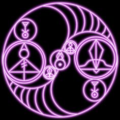 an image of three circles with symbols on them in purple neon lights against a black background