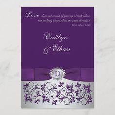 purple and silver wedding card with butterflies