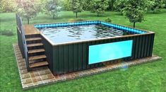 a pool made out of shipping containers in the middle of a yard with steps leading up to it