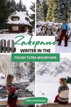 the collage shows people standing in front of a cabin and trees with snow on them