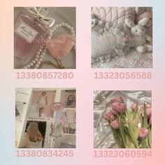 four different pictures with pink flowers and white teddy bears on them, all in the same photo