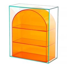 an orange display case with two shelves on the front and one shelf in the back