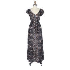 Printed Woven Maxi Dress V-Neckline Flounce Sleeves Smocked Back Cinched Elasticized Waist Ruffle Hem 100% Rayon Brand New With Tags Bohemian V-neck Dress With Smocked Back, Bohemian V-neck Dress With Smocked Bodice, Black Boho Print V-neck Dress, Black V-neck Dress With Smocked Back, Bohemian V-neck Maxi Dress With Smocked Back, V-neck Sundress With Smocked Bodice, Casual Black Dresses With Boho Print, Casual Black Boho Print Dress, Casual Black Dress With Boho Print