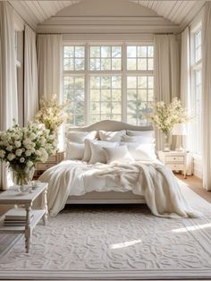 a bedroom with white bedding and flowers in vases on the side of the bed