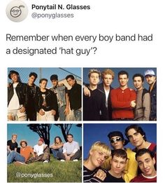 some people are posing for pictures and one is saying, remember when every boy band had a designated that guy?