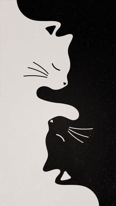 a black and white drawing of two cats with their heads touching each other's noses