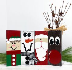 "These fun, cute Christmas characters, Santa, Elf, Reindeer and Snowman would make the perfect addition to your Christmas Decor!! You can purchase them individually or as the set of 4! These would look adorable on a decorative shelf, mantel, table or a bigger tiered tray. These are all hand painted to order so each one may vary slightly from the ones pictured! **REINDEER ANTLER COLOR WILL VARY** If you would like a specific color for the pip berries, please message me before placing your order a Pallet Christmas Ideas Diy Wood Signs, Painted Santa Faces On Wood, Wood Plank Reindeer, Outdoor Christmas Wood Signs, Landscape Timber Christmas Crafts, Reindeer Wood Blocks, 2x4 Reindeer Christmas Decor, Elf Wood Crafts, Painted Christmas Signs On Wood