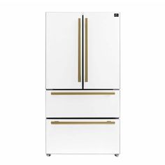 a white refrigerator freezer with gold handles