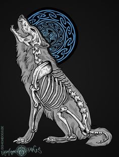 a drawing of a dog with a skeleton on it's back and the moon in the background