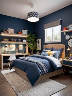 a bedroom with dark blue walls and wooden furniture, including a large bed in the center