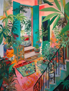 a painting of a balcony with potted plants