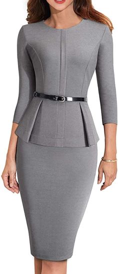 HOMEYEE Women's 3/4 Sleeve Office Wear Peplum Dress with Belt B473(4, Gray) at Amazon Women’s Clothing store Trendy Office Outfits, Easter Dresses For Toddlers, Office Dresses For Women, Body Con Dress, Grey Dress, Office Dresses, Business Dresses, Vintage Elegant, Business Attire