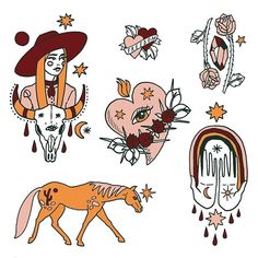 some tattoos that are on the back of a white sheet with an image of a horse and