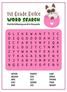 the first grade dole word search is shown in pink and white with an image of a